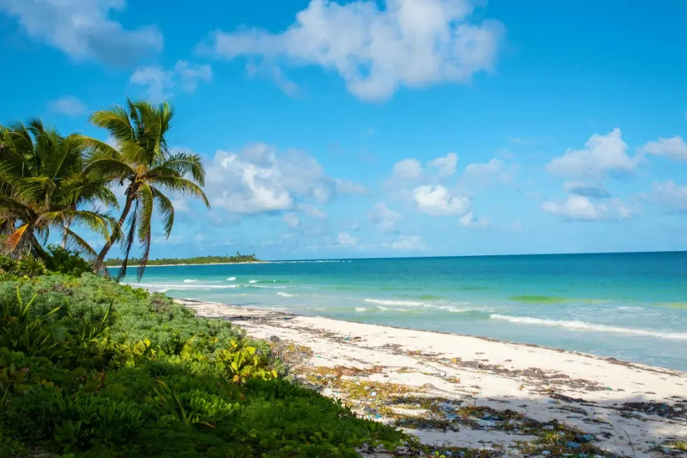 Лучшие морские курорты и Канкун и Тулум — пляж у древних руин Тулума с бирюзовым морем