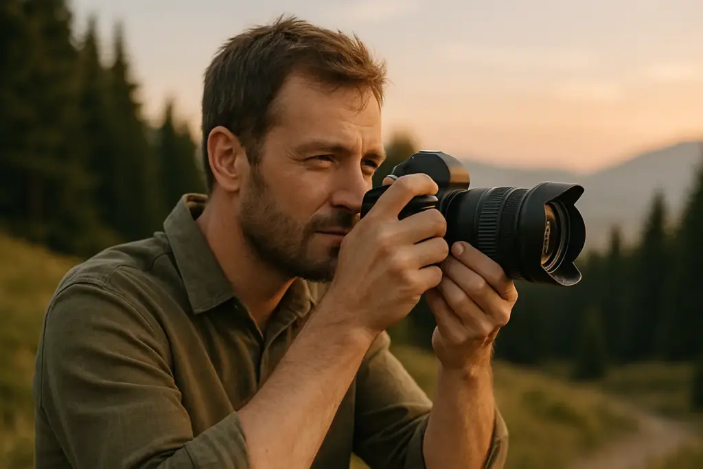 Илья Кравцов — тревел-фотограф за работой с камерой на фоне гор и заката