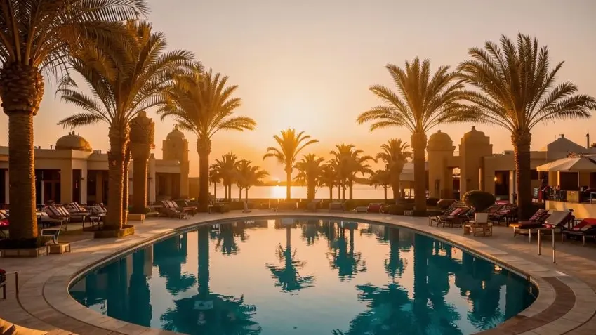 Закат у бассейна с пальмами передаёт атмосферу отдыха и отражает погоду по месяцам в Египте, включая особенности июня.