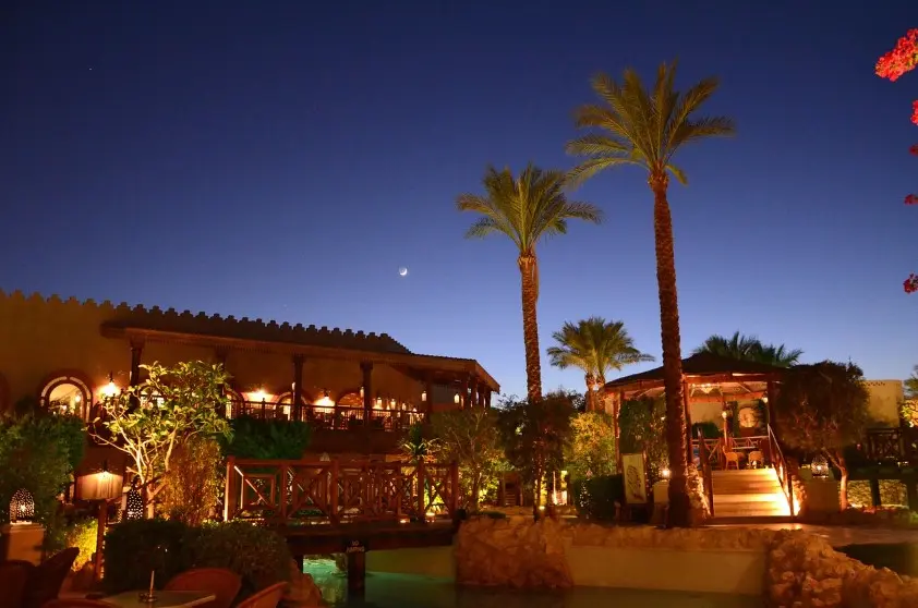 Песчаный пляж с пальмами и бирюзовым морем даёт общее представление о погоде в Египте в период весна.