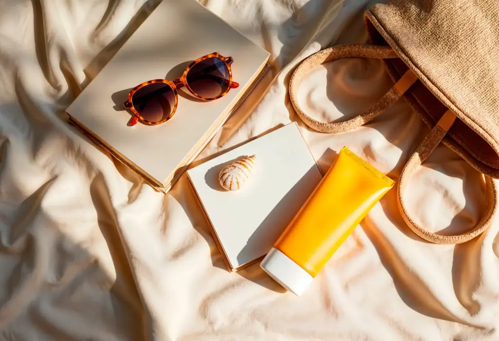 Набор необходимых вещей для отдыха в Египте: лёгкая одежда, головной убор, солнцезащитные средства, маска для снорклинга и удобная обувь.