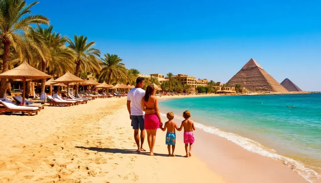 Семья на морском берегу с видом на пирамиды передаёт общее представление о погоде в Египте в период лето.