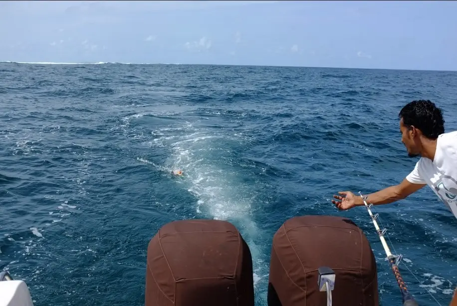 Развлечения — чем заняться на Мальдивах и рыбалка: турист ловит рыбу с катера в открытом океане