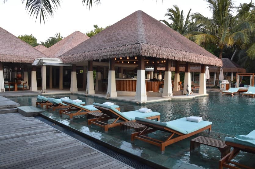 Чартерные и регулярные рейсы: что выбрать для тура — курортный отель с бассейном, лежаками в воде и бунгало под пальмами, иллюстрация выбора формата отдыха и перелёта