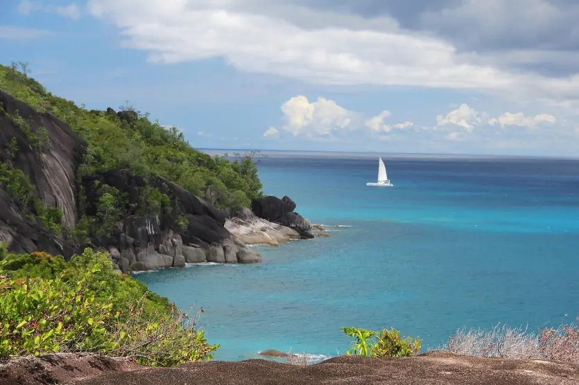 Что входит в страховку тура — морская бухта с бирюзовой водой, скалистым берегом и парусной лодкой вдали.