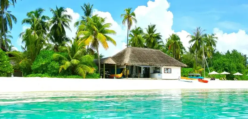 Документы для поездки: что взять с собой в путешествие — тропический пляж, пальмы и бунгало у лагуны.