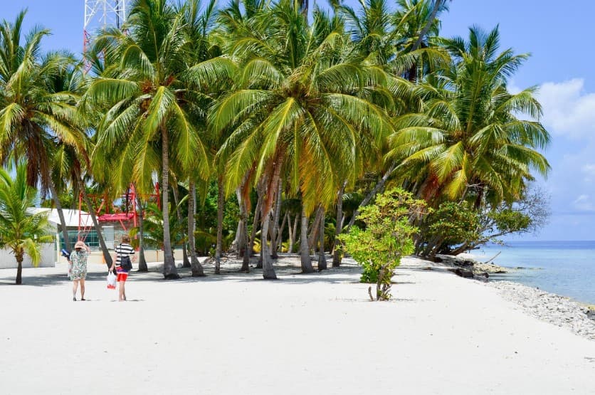 Где и как можно купить тур в рассрочку — белый песчаный пляж с пальмами у бирюзового моря, люди гуляют вдоль берега