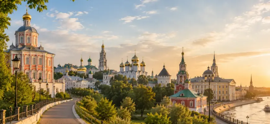 Панорама исторического города Центральной России с православными храмами, золотыми куполами, зелёными парками и набережной.