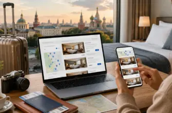 Поиск и бронирование отелей в России онлайн на ноутбуке и смартфоне во время планирования поездки