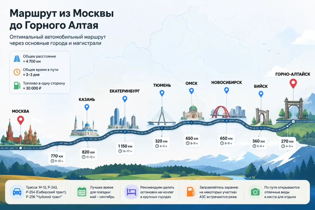 Маршрут на машине из Москвы в Горно-Алтайск через Казань, Екатеринбург, Тюмень, Омск, Новосибирск и Бийск