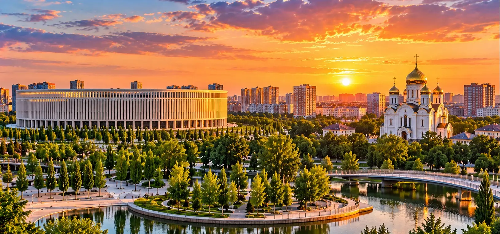 Туры в Краснодар — панорама города, парк и стадион на закате